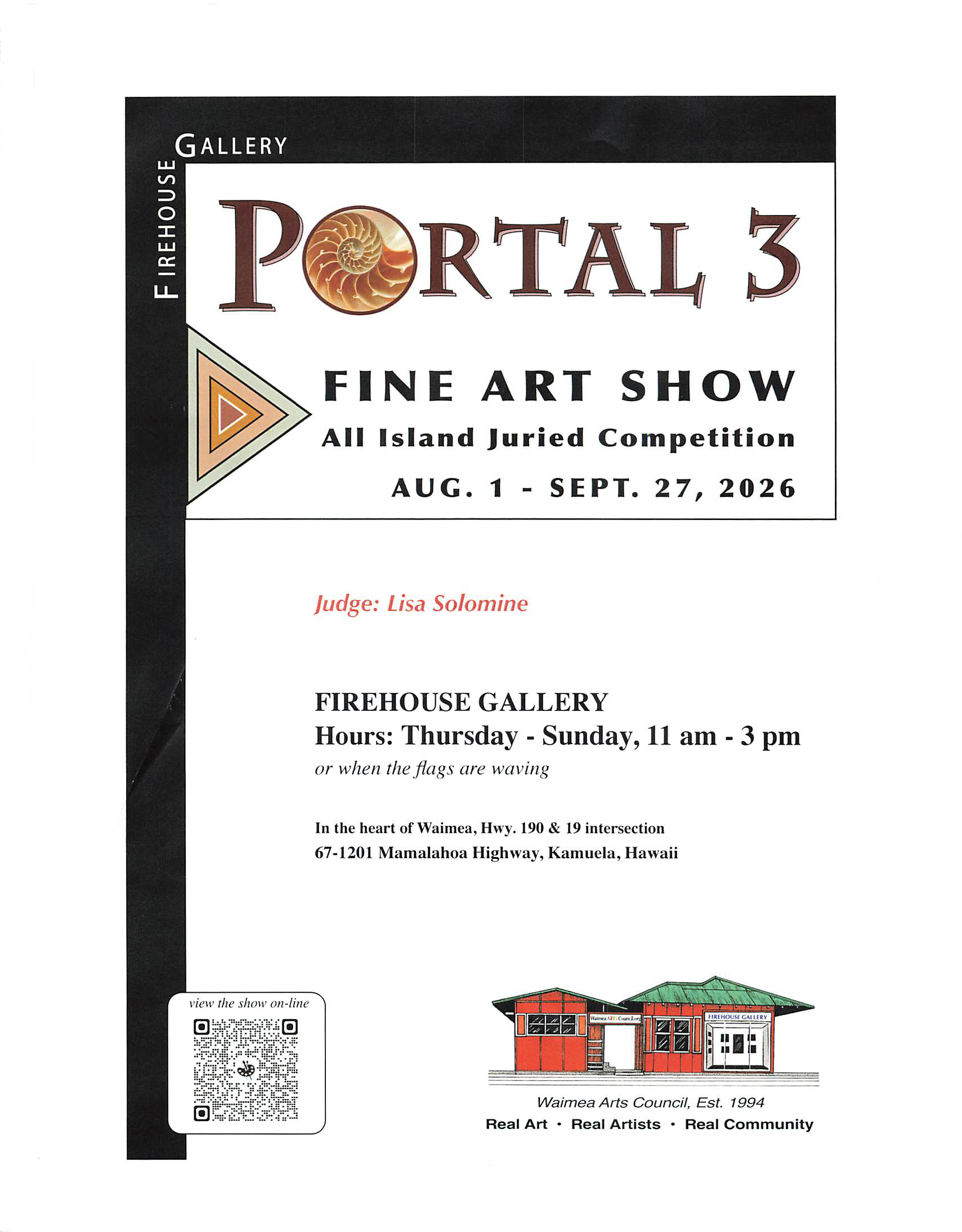 Portal 3 exhibition poster, Firehouse Gallery, Waimea, judged by Lisa Solomine